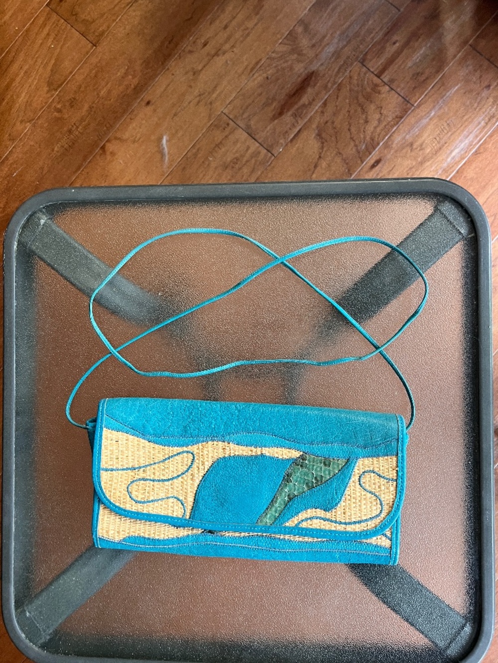 Vintage Carlos Falchi turquoise leather/snakeskinstraw patchwork crossbody purse